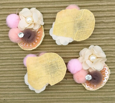 Hand Embroidered Beige and Pink Floral Applique, 2 Pcs